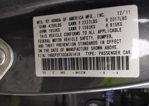 2012 Honda Accord Lx z USA, uszkodzony, nr VIN 01HGCP2F30CA06141